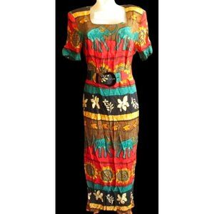 Small Womens Vintage Dress 6 80s 90s Wny Rayon Afro Latin Usa Elephant Print